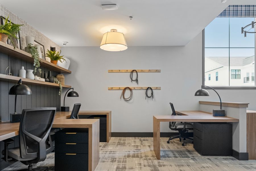 Modern office space with wooden desks, black chairs, shelves, lamps, and a large window letting in natural light.