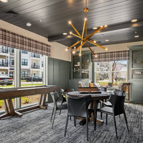 Modern game room with round table, shuffleboard, large windows, and contemporary chandelier.